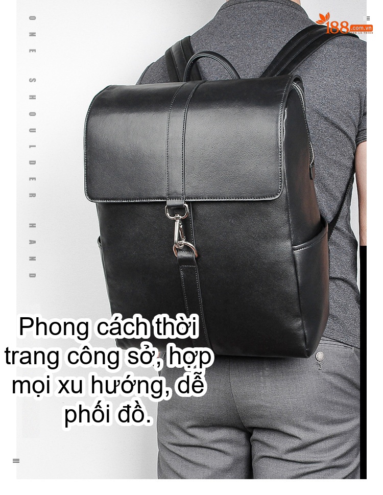 Balo Da Thật Nappa Đựng Laptop 14 Inch Phong Cách Casual Màu Đen chi tiết 3