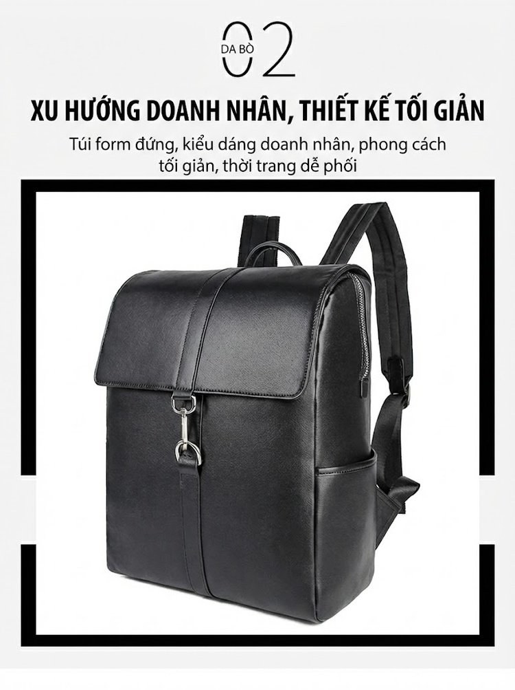 Balo Da Thật Nappa Đựng Laptop 14 Inch Phong Cách Casual Màu Đen chi tiết 5
