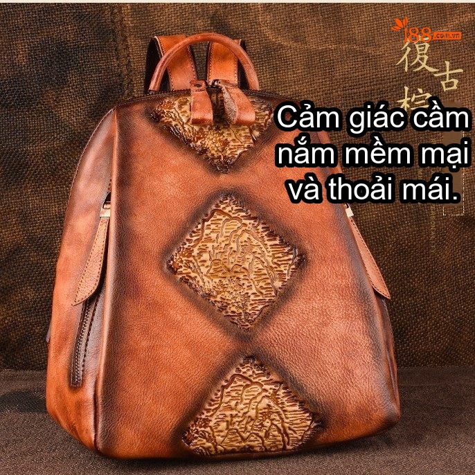 Balo Da Thật Nữ Đa Năng Dung Tích Lớn Nhiều Ngăn Túi Dập Nổi Phong Cách Retro Màu Nâu, Xanh, Đen...