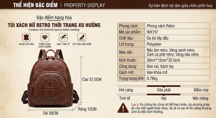Balo Da Thật Nữ Đa Năng Dung Tích Lớn Nhiều Ngăn Túi Dập Nổi Phong Cách Retro Màu Nâu, Xanh, Đen... chi tiết 1