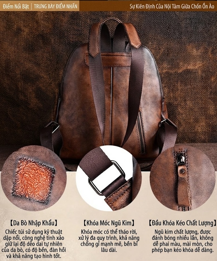 Balo Da Thật Nữ Đa Năng Dung Tích Lớn Nhiều Ngăn Túi Dập Nổi Phong Cách Retro Màu Nâu, Xanh, Đen... chi tiết 2