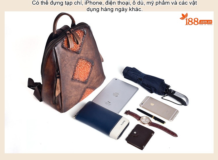 Balo Da Thật Nữ Đa Năng Dung Tích Lớn Nhiều Ngăn Túi Dập Nổi Phong Cách Retro Màu Nâu, Xanh, Đen... chi tiết 14