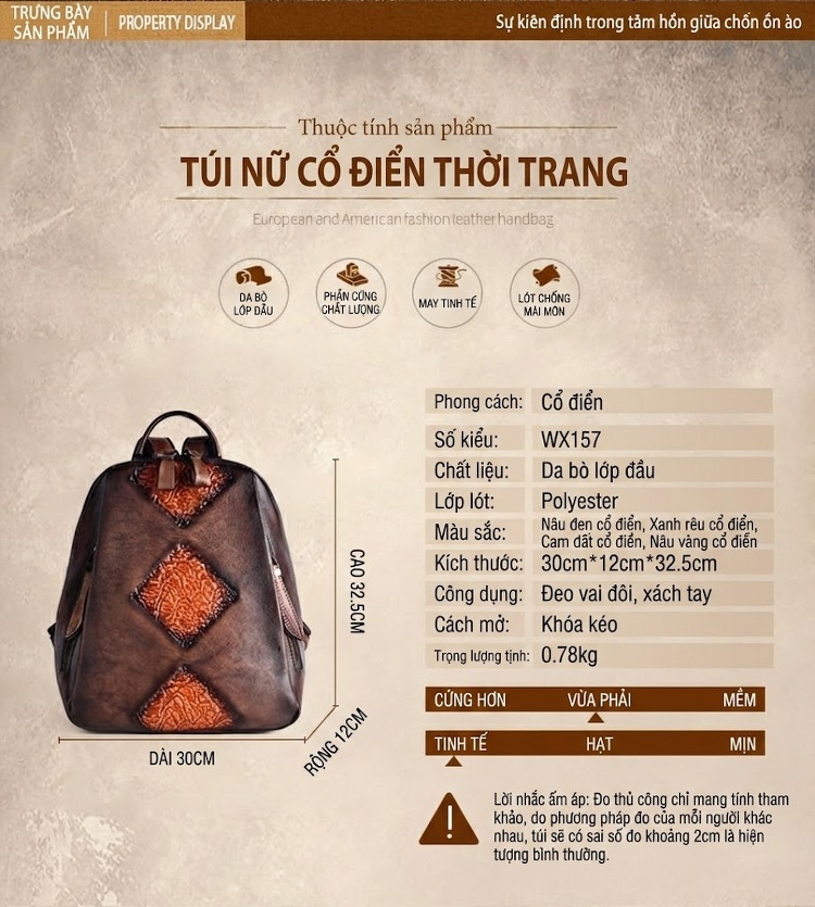 Balo Da Thật Nữ Đa Năng Dung Tích Lớn Nhiều Ngăn Túi Dập Nổi Phong Cách Retro Màu Nâu, Xanh, Đen... chi tiết 16