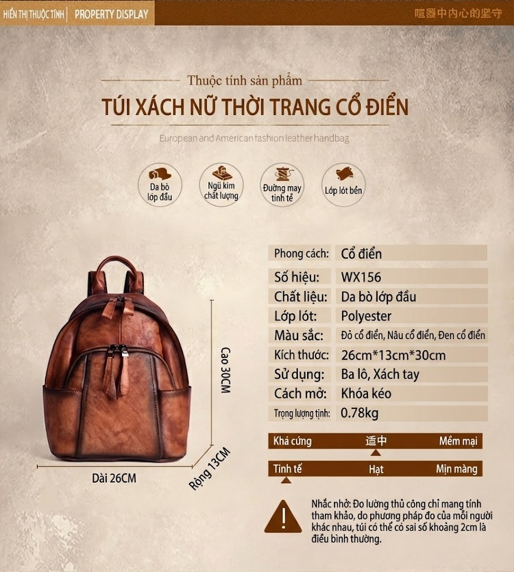 Balo Da Thật Nữ Đa Năng Nhiều Ngăn Lớn Màu Nâu, Đen, Đỏ chi tiết 2