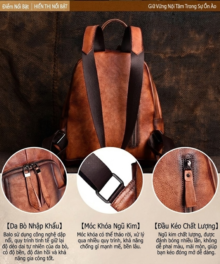 Balo Da Thật Nữ Đa Năng Nhiều Ngăn Lớn Màu Nâu, Đen, Đỏ chi tiết 3