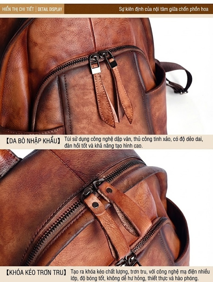 Balo Da Thật Nữ Đa Năng Nhiều Ngăn Lớn Màu Nâu, Đen, Đỏ chi tiết 15