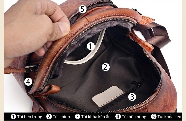 Balo Da Thật Nữ Đa Năng Nhiều Ngăn Lớn Màu Nâu, Đen, Đỏ chi tiết 17