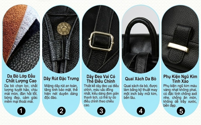 Balo Da Thật Nữ Dây Rút Du Lịch Phong Cách Châu Âu Màu Đen, Đỏ chi tiết 9