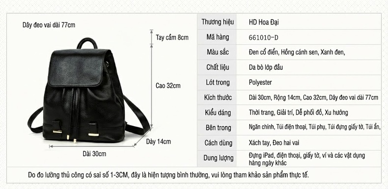 Balo Da Thật Nữ Dây Rút Du Lịch Phong Cách Châu Âu Màu Đen, Đỏ chi tiết 14