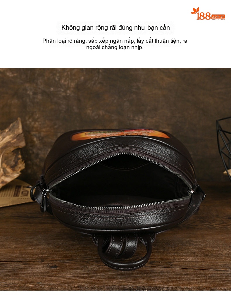 Balo Da Thật Nữ In Họa Tiết Vintage, Balo Du Lịch Da Bò Màu Đen chi tiết 8