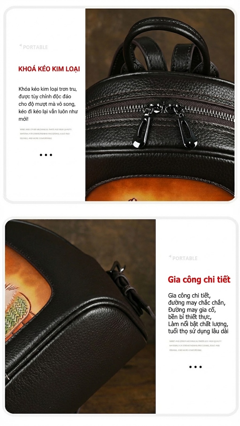 Balo Da Thật Nữ In Họa Tiết Vintage, Balo Du Lịch Da Bò Màu Đen chi tiết 12