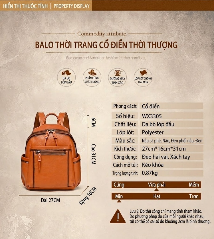 Balo Da Thật Nữ Nhiều Ngăn Dung Tích Lớn Cao Cấp Màu Đen, Nâu chi tiết 1