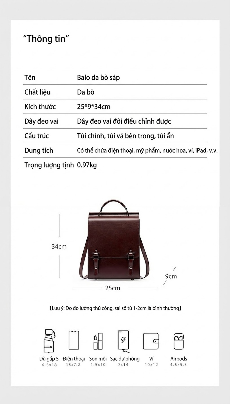 Balo Da Thật Nữ Phong Cách Anh Quốc Cổ Điển Đựng Laptop Màu Nâu Đỏ chi tiết 7