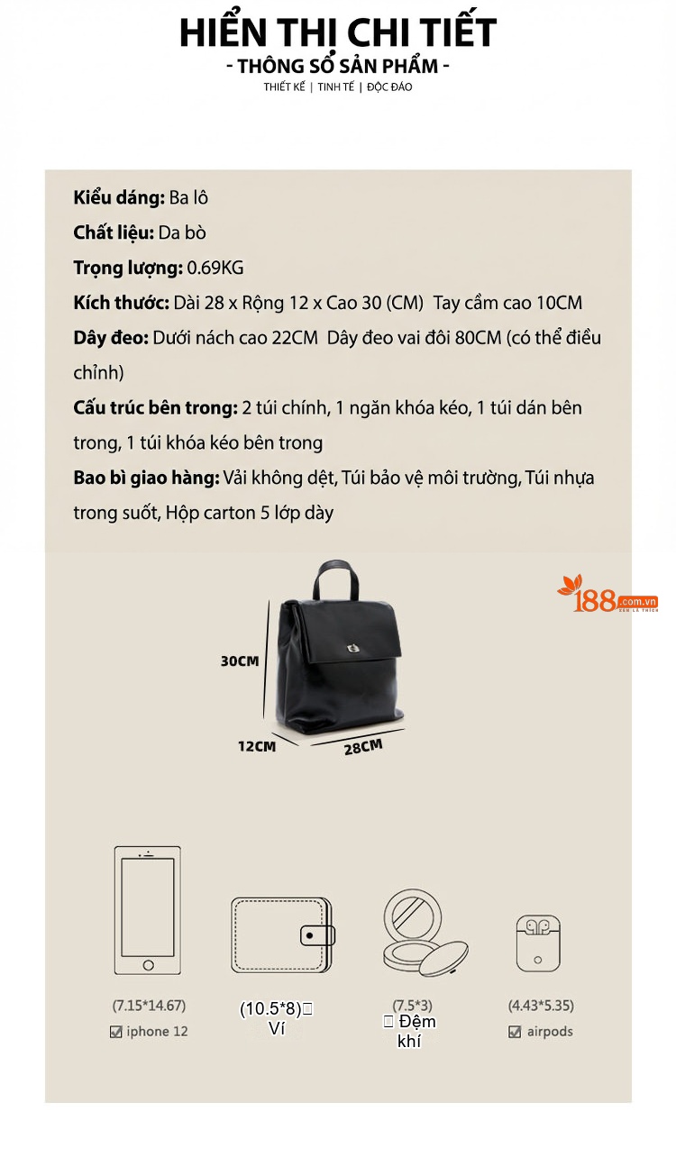 Balo Da Thật Nữ Thiết Kế Độc Đáo, Tote Da Thật Đựng Vừa Laptop, Túi Đeo Vai Đa Năng Màu Đen chi tiết 5