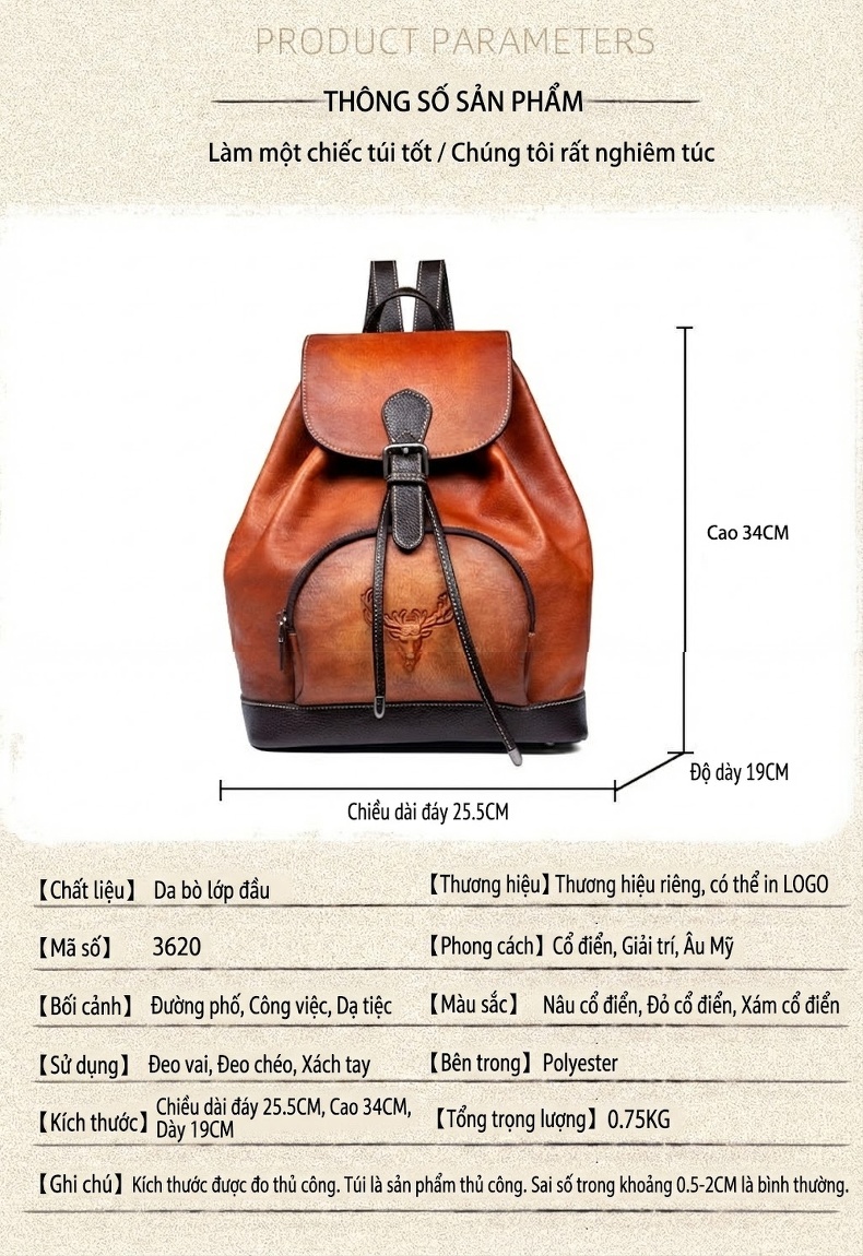 Balo Da Thật Nữ Vintage Thủ Công Màu Nâu Đậm, Nâu Vàng chi tiết 4