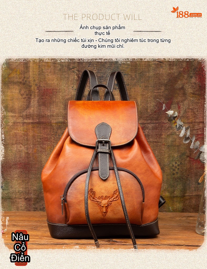 Balo Da Thật Nữ Vintage Thủ Công Màu Nâu Đậm, Nâu Vàng chi tiết 5