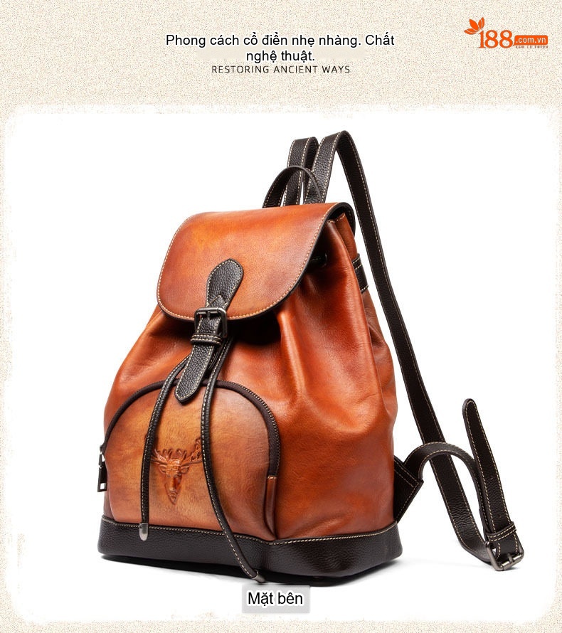 Balo Da Thật Nữ Vintage Thủ Công Màu Nâu Đậm, Nâu Vàng chi tiết 9
