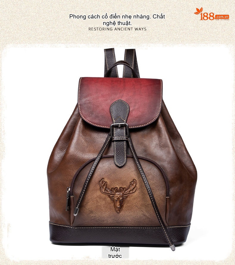 Balo Da Thật Nữ Vintage Thủ Công Màu Nâu Đậm, Nâu Vàng chi tiết 10