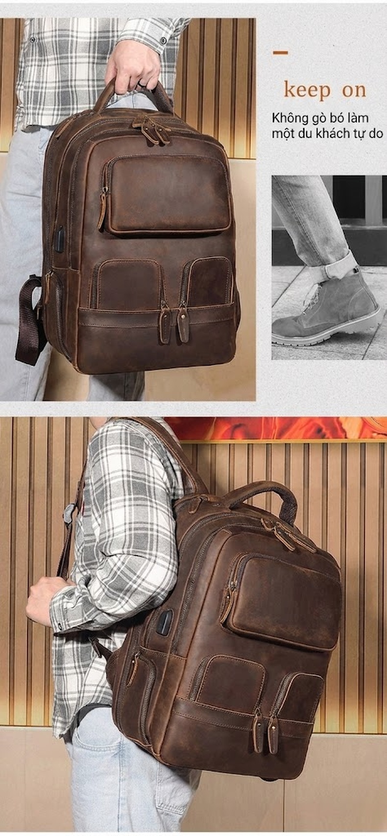 Balo Da Thật Retro Phong Cách Vintage, Balo Da Bò Du Lịch, Đựng Laptop Dung Tích Lớn Màu Nâu chi tiết 3