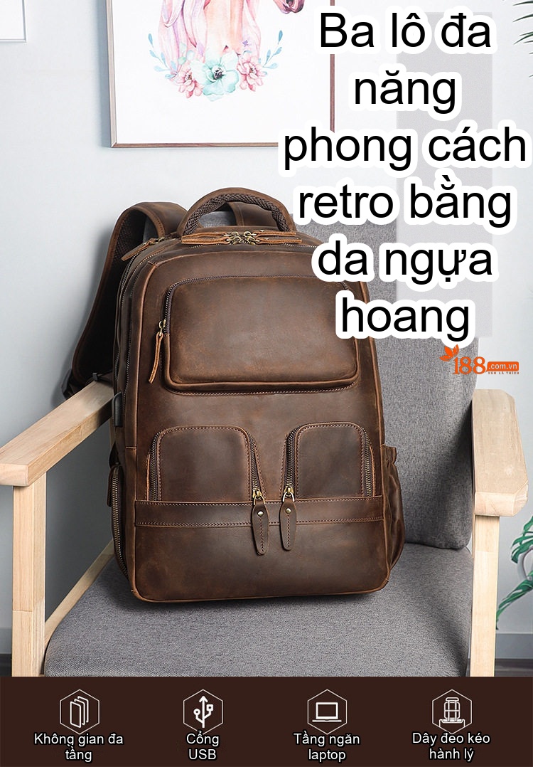 Balo Da Thật Retro Phong Cách Vintage, Balo Da Bò Du Lịch, Đựng Laptop Dung Tích Lớn Màu Nâu chi tiết 1