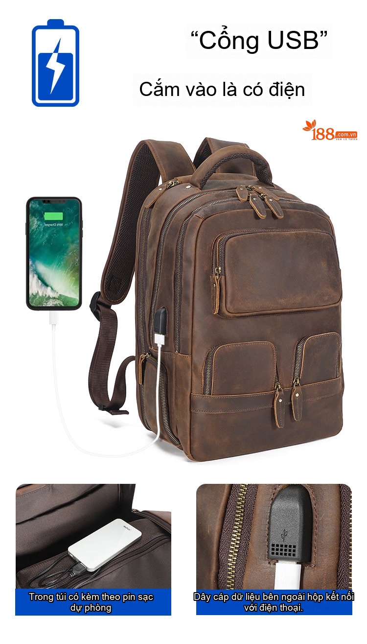 Balo Da Thật Retro Phong Cách Vintage, Balo Da Bò Du Lịch, Đựng Laptop Dung Tích Lớn Màu Nâu chi tiết 7