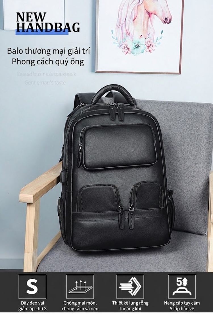 Balo Da Thật Retro Phong Cách Vintage, Balo Da Bò Du Lịch, Đựng Laptop Dung Tích Lớn Màu Nâu chi tiết 13