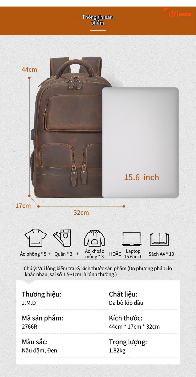 Balo Da Thật Retro Phong Cách Vintage, Balo Da Bò Du Lịch, Đựng Laptop Dung Tích Lớn Màu Nâu chi tiết 2