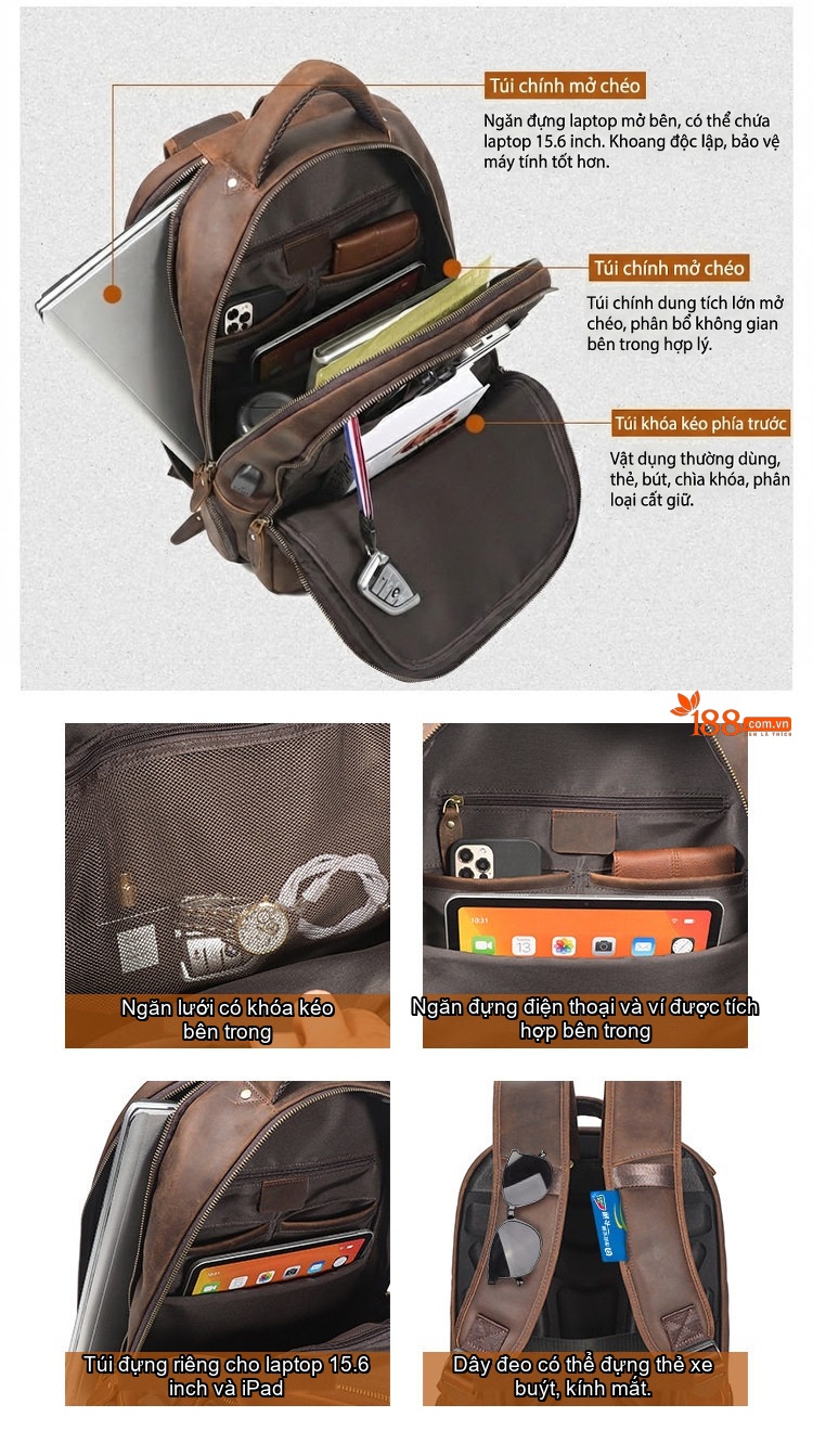 Balo Da Thật Retro Phong Cách Vintage, Balo Da Bò Du Lịch, Đựng Laptop Dung Tích Lớn Màu Nâu chi tiết 5