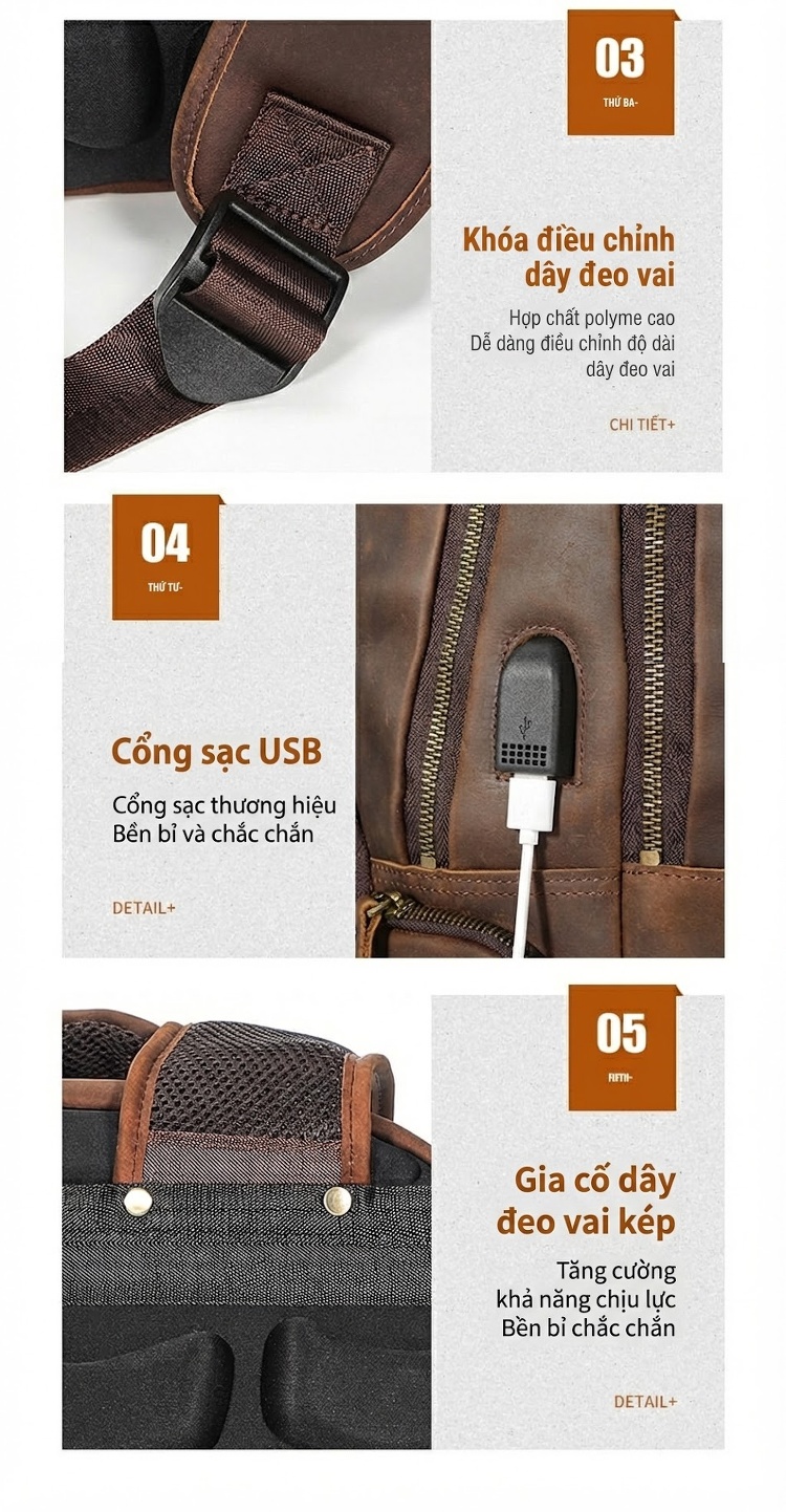 Balo Da Thật Retro Phong Cách Vintage, Balo Da Bò Du Lịch, Đựng Laptop Dung Tích Lớn Màu Nâu chi tiết 11