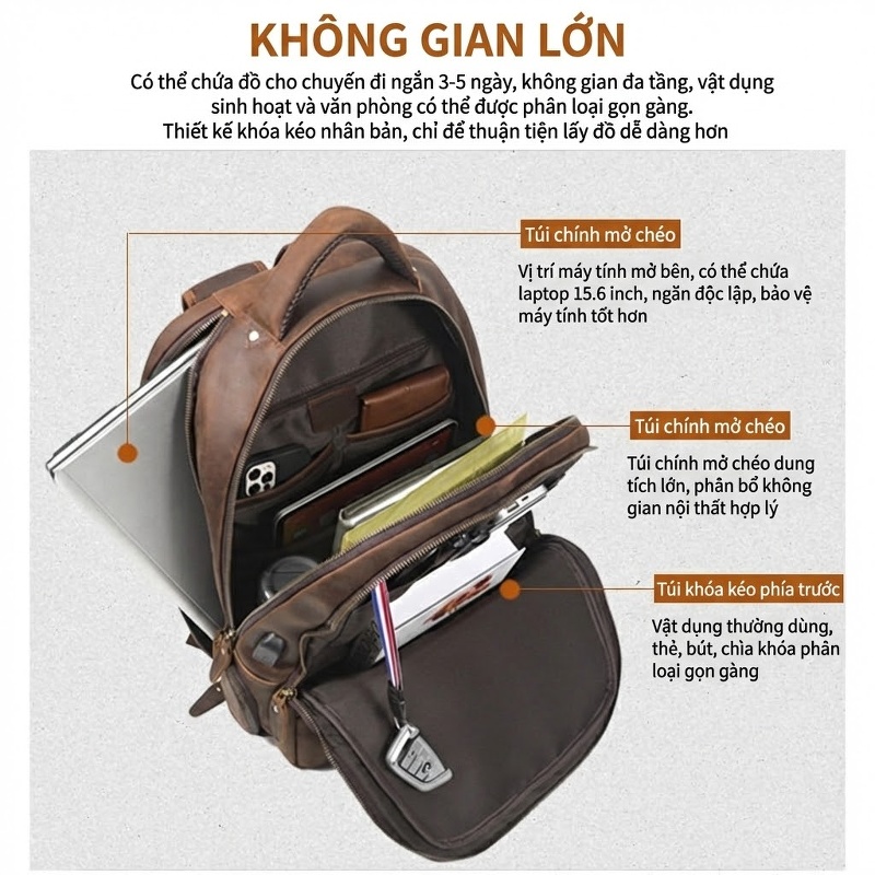 Balo Da Thật Retro Phong Cách Vintage, Balo Da Bò Du Lịch, Đựng Laptop Dung Tích Lớn Màu Nâu