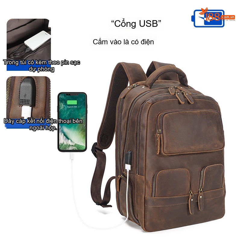 Balo Da Thật Retro Phong Cách Vintage, Balo Da Bò Du Lịch, Đựng Laptop Dung Tích Lớn Màu Nâu