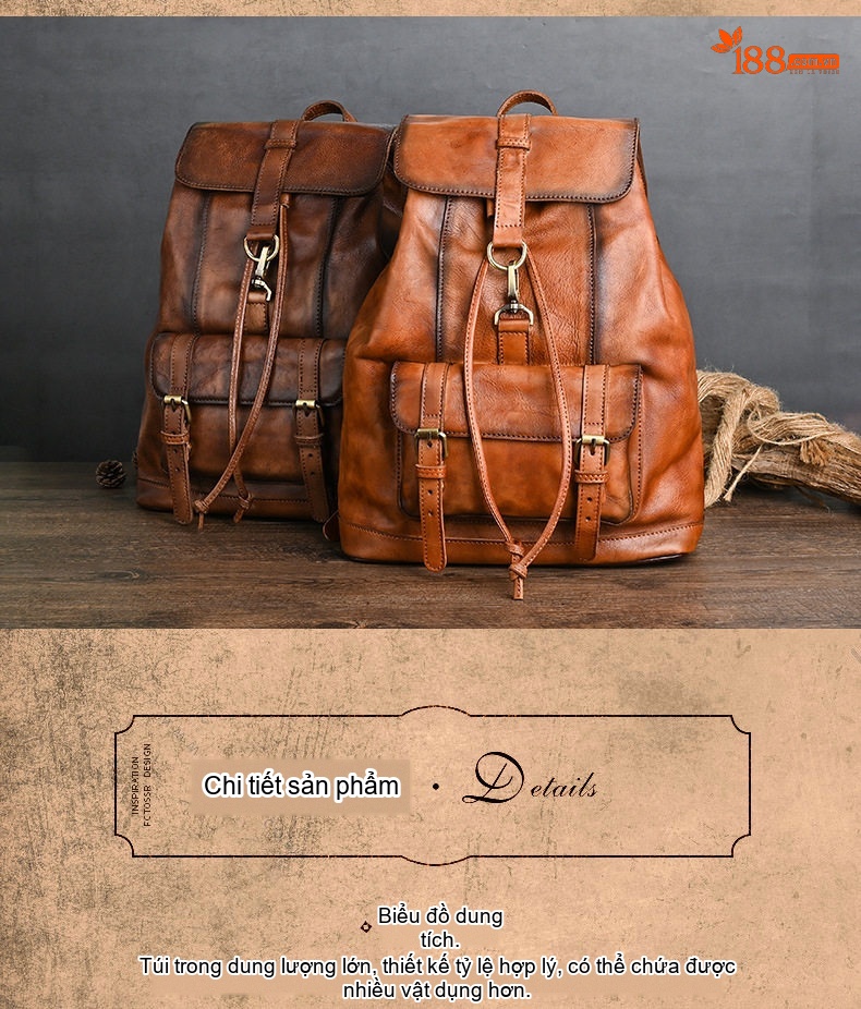 Balo Da Thật Thủ Công Vintage Đựng Laptop 14 Inch Màu Nâu chi tiết 7