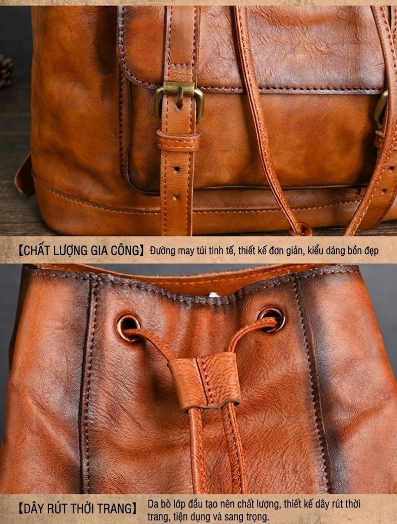 Balo Da Thật Thủ Công Vintage Đựng Laptop 14 Inch Màu Nâu chi tiết 14