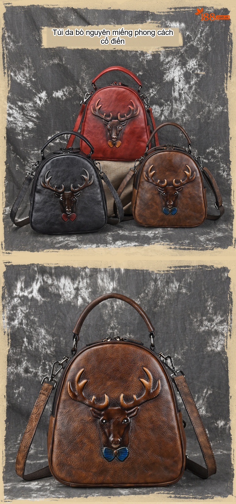 Balo Da Thật Thủ Công Vintage Khắc Họa Tiết Gạc Hươu Phong Cách Cổ Điển Màu Đỏ, Nâu, Đen chi tiết 1