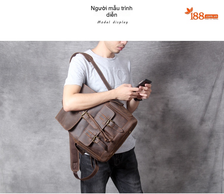 Balo Da Thật Thủ Công Vintage Phong Cách Biker Dung Tích Lớn Màu Nâu chi tiết 1