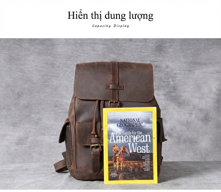Balo Da Thật Thủ Công Vintage Phong Cách Biker Dung Tích Lớn Màu Nâu chi tiết 13