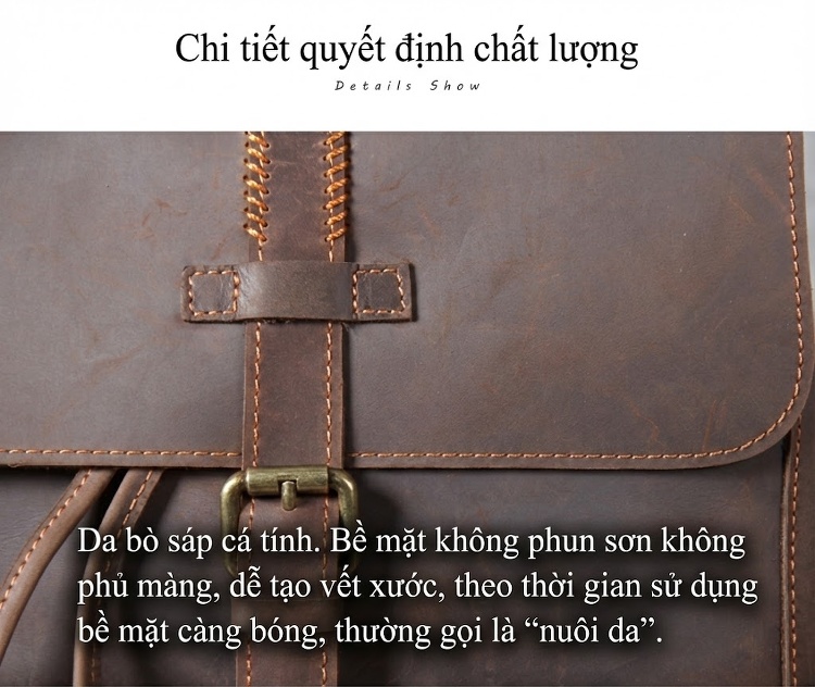 Balo Da Thật Thủ Công Vintage Phong Cách Biker Dung Tích Lớn Màu Nâu chi tiết 15
