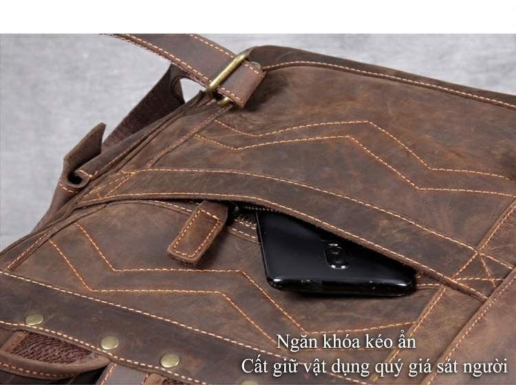 Balo Da Thật Thủ Công Vintage Phong Cách Biker Dung Tích Lớn Màu Nâu chi tiết 20