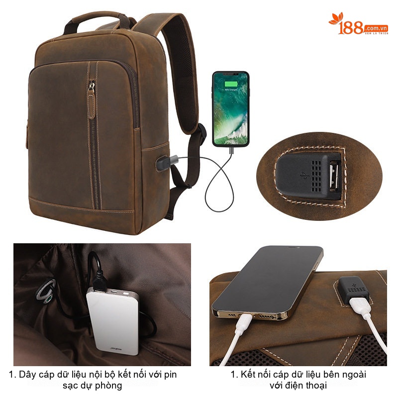 Balo Da Thật Vintage Lớn Đựng Laptop Du Lịch Dã Ngoại Màu Nâu