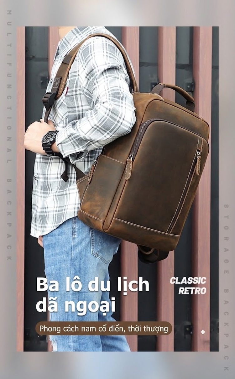 Balo Da Thật Vintage Lớn Đựng Laptop Du Lịch Dã Ngoại Màu Nâu chi tiết 1