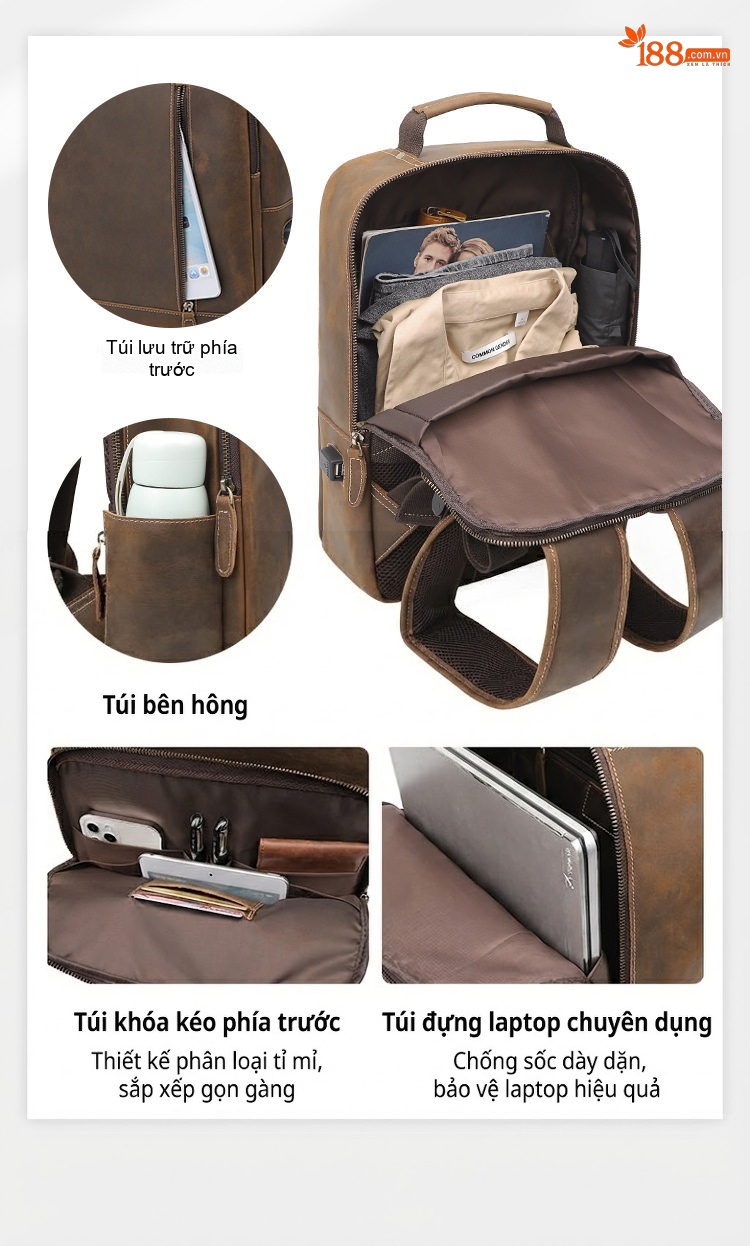 Balo Da Thật Vintage Lớn Đựng Laptop Du Lịch Dã Ngoại Màu Nâu chi tiết 4