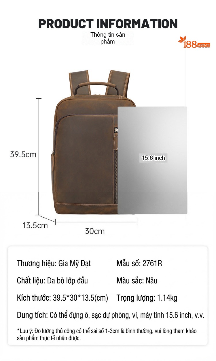 Balo Da Thật Vintage Lớn Đựng Laptop Du Lịch Dã Ngoại Màu Nâu chi tiết 9