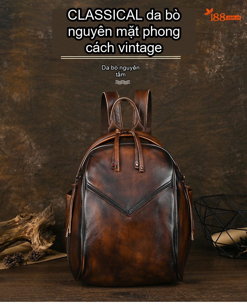 Balo Da Thật Vintage Thủ Công Màu Nâu chi tiết 1