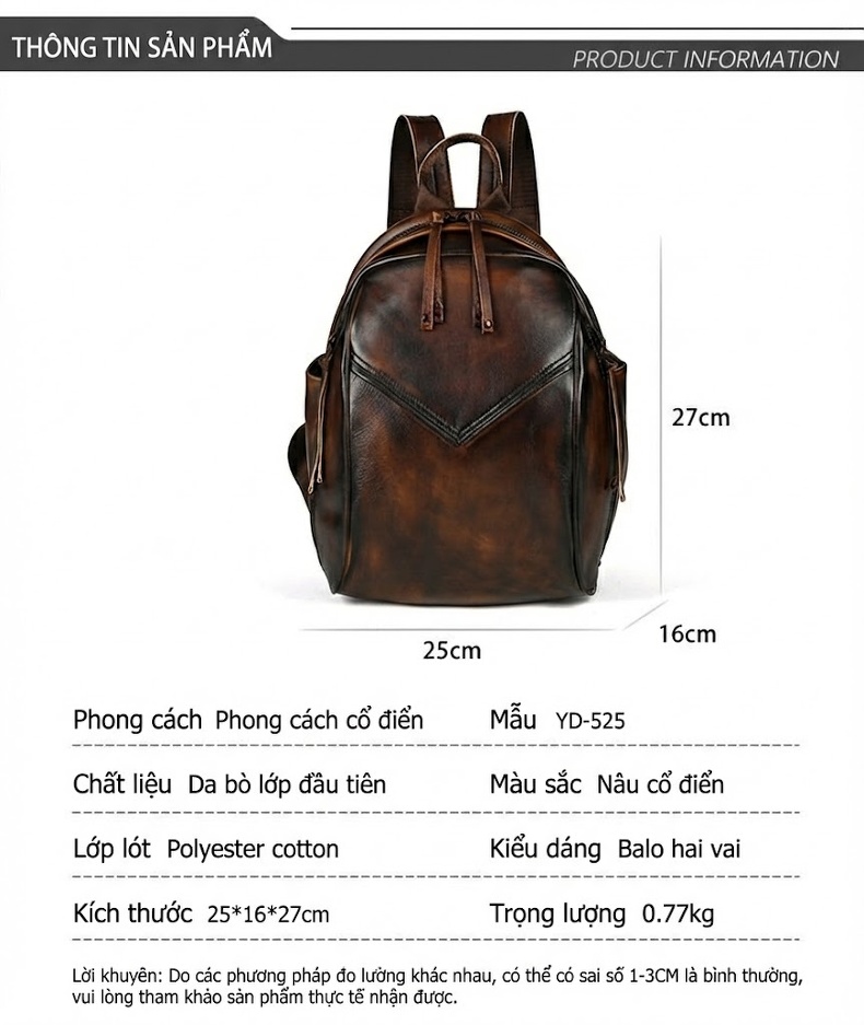 Balo Da Thật Vintage Thủ Công Màu Nâu chi tiết 3