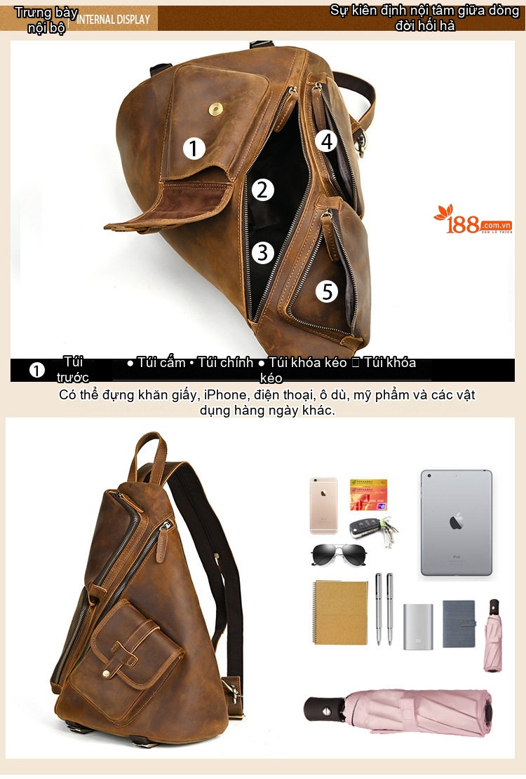 Balo Đeo Chéo Nam Da Bò Crazy Horse Nhiều Ngăn Lớn Phong Cách Retro Âu Mỹ chi tiết 10