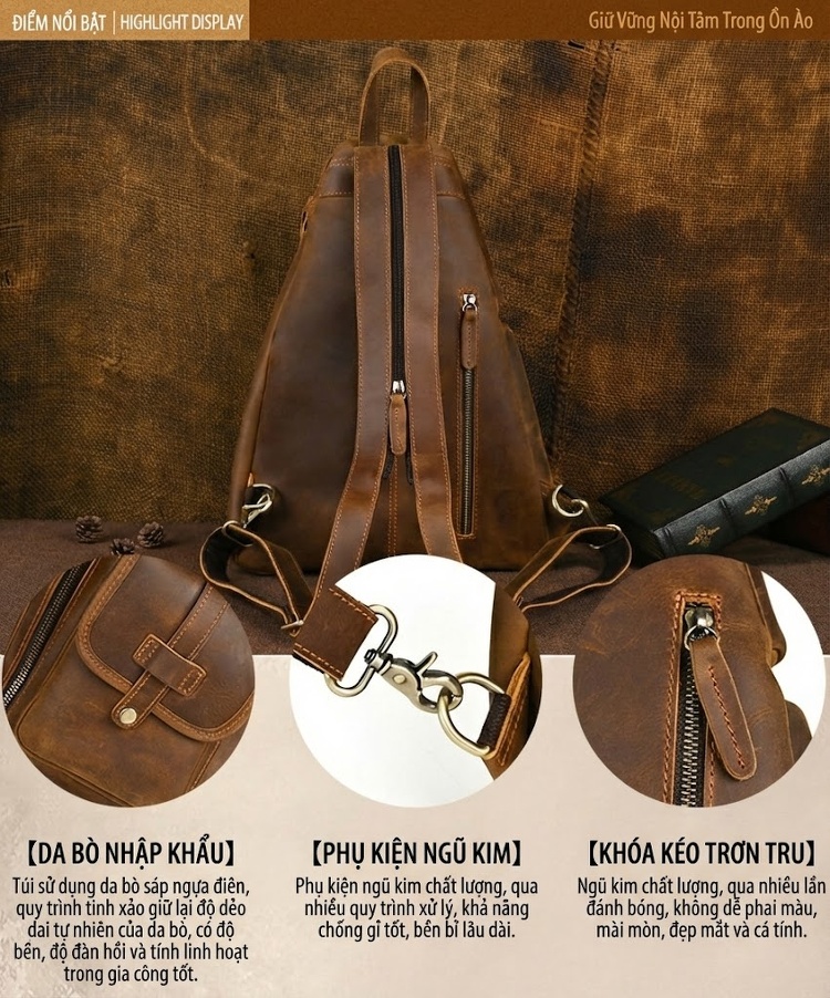 Balo Đeo Chéo Nam Da Bò Crazy Horse Nhiều Ngăn Lớn Phong Cách Retro Âu Mỹ chi tiết 2