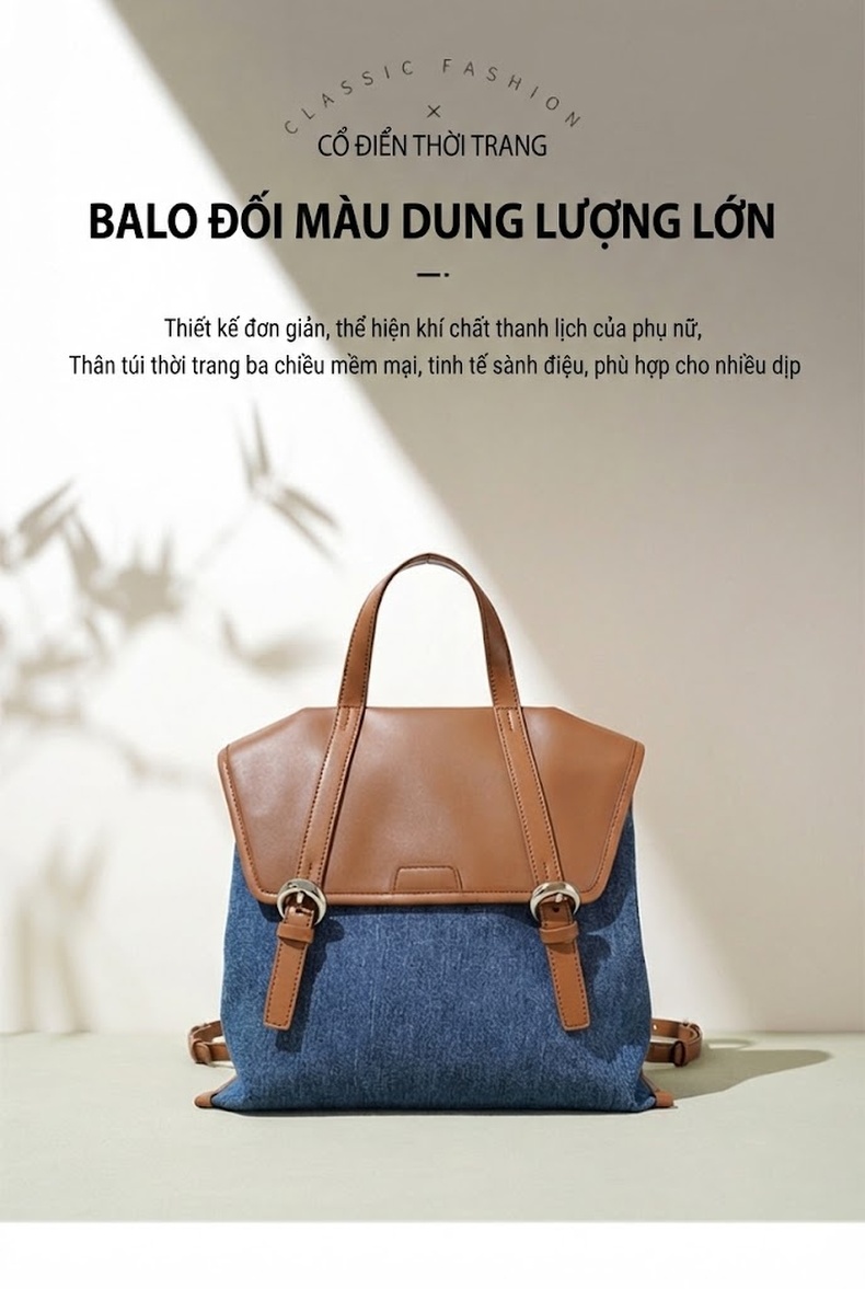 Balo Đeo Vai/Đeo Chéo Nữ Vải Denim Kiểu Hàn Quốc Công Sở Thời Trang Màu Xanh Dương, Nâu chi tiết 2