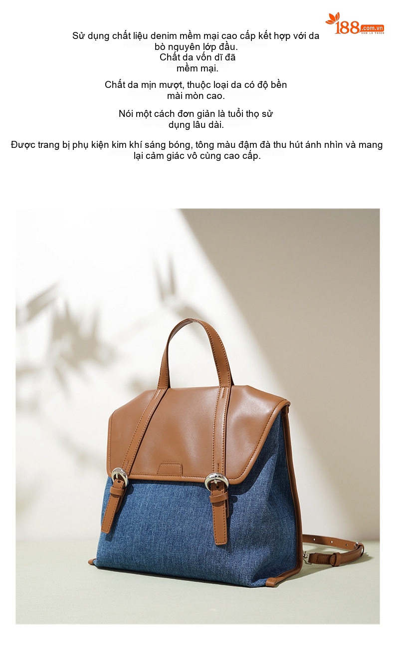 Balo Đeo Vai/Đeo Chéo Nữ Vải Denim Kiểu Hàn Quốc Công Sở Thời Trang Màu Xanh Dương, Nâu chi tiết 3