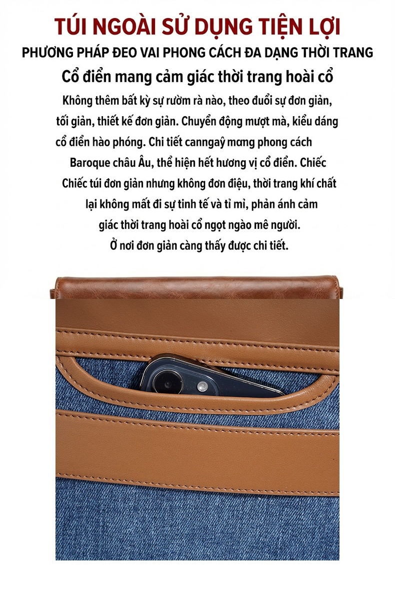 Balo Đeo Vai/Đeo Chéo Nữ Vải Denim Kiểu Hàn Quốc Công Sở Thời Trang Màu Xanh Dương, Nâu chi tiết 6