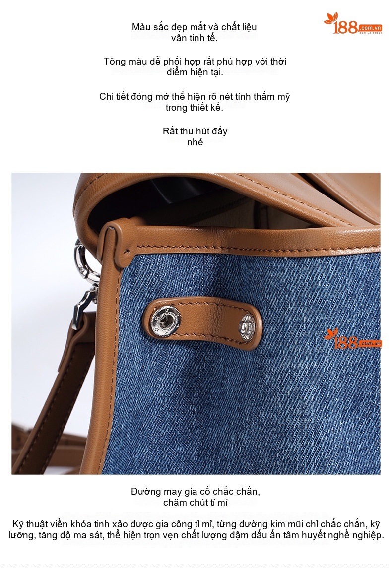 Balo Đeo Vai/Đeo Chéo Nữ Vải Denim Kiểu Hàn Quốc Công Sở Thời Trang Màu Xanh Dương, Nâu chi tiết 10